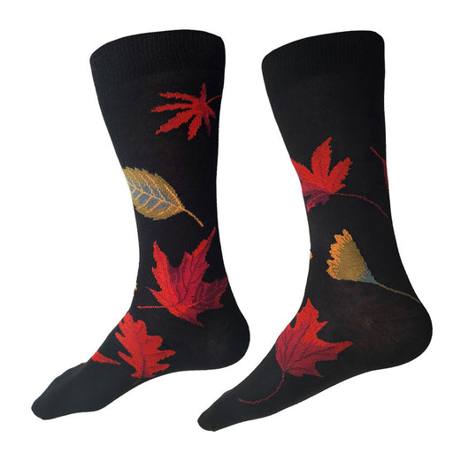 Made in USA men's black cotton autumn leaf/fall foliage socks by THIS NIGHT