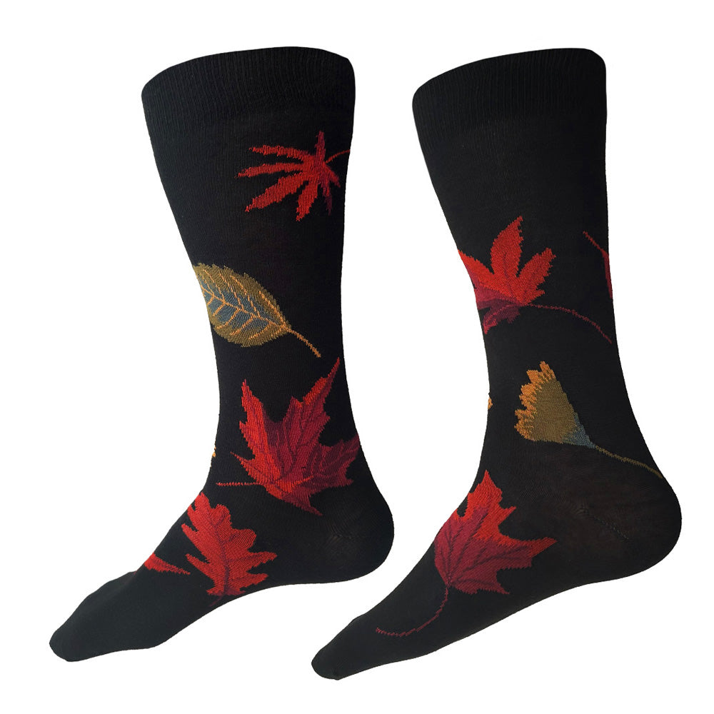 Made in USA men's black cotton autumn leaf/fall foliage socks by THIS NIGHT