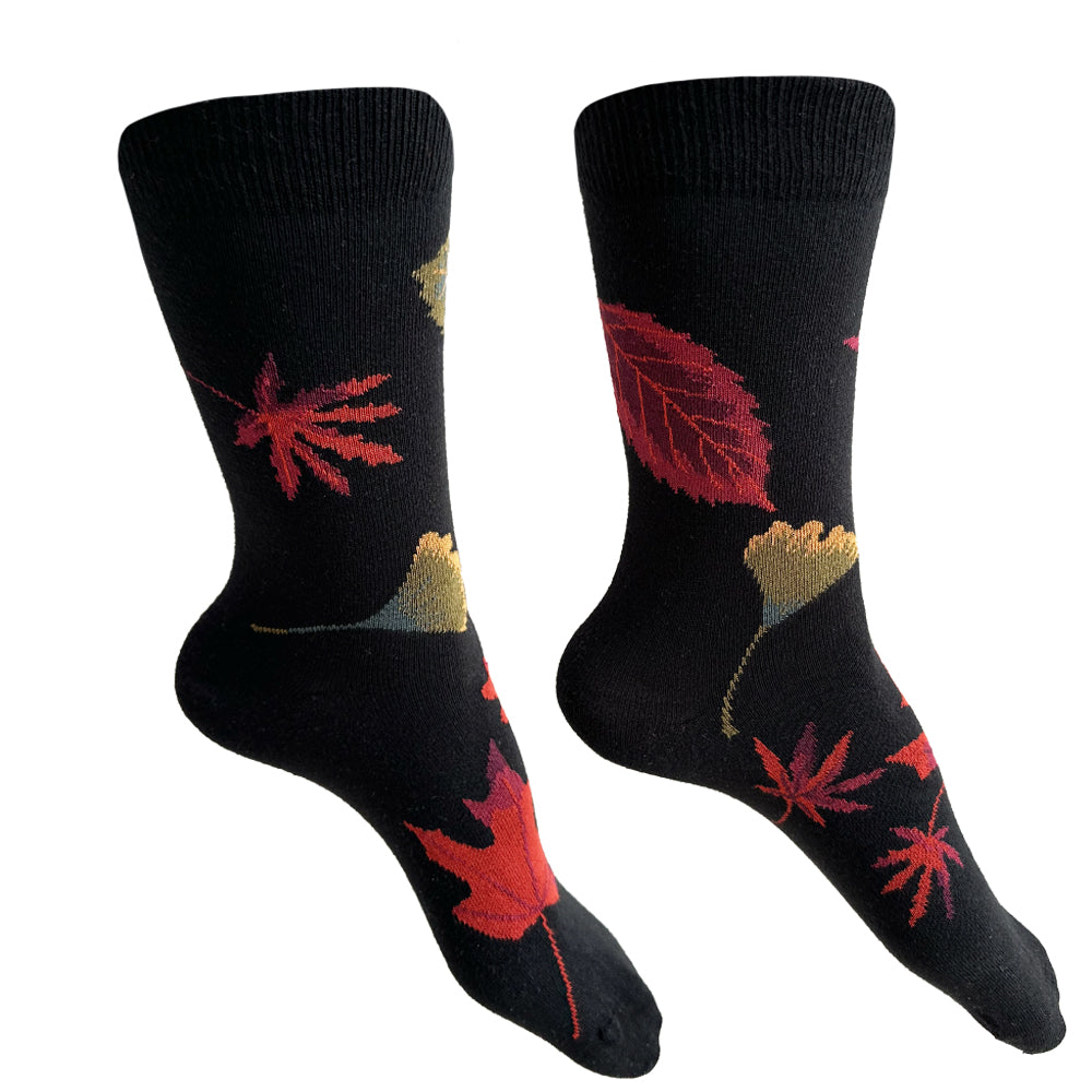 Made in USA women's black cotton socks with autumn leaves/fall foliage by THIS NIGHT!