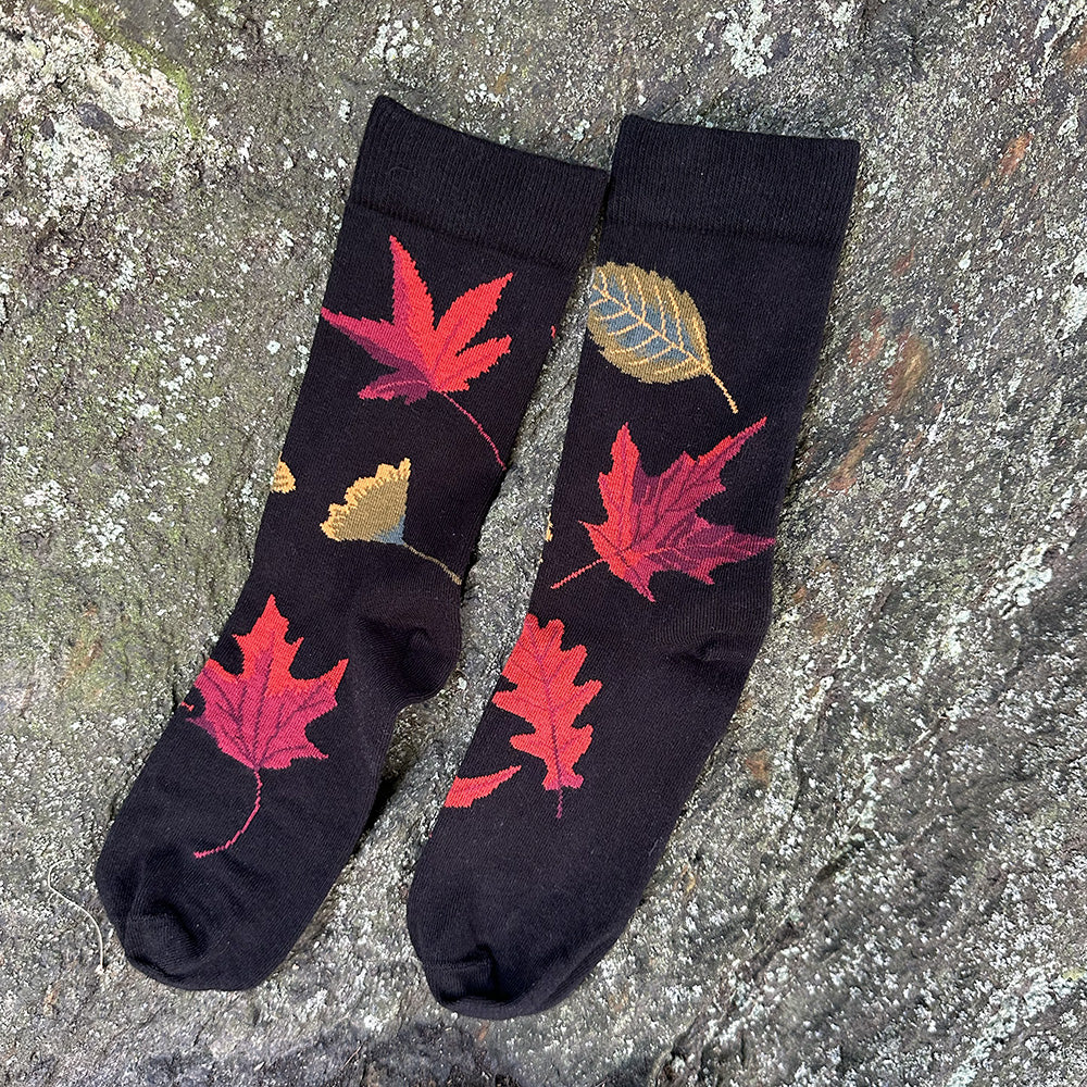 Made in USA women's black cotton socks with red and green autumn leaves/fall foliage by THIS NIGHT!