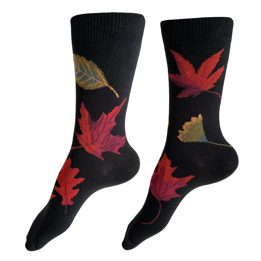 Made in USA women's black cotton socks with autumn leaves/fall foliage by THIS NIGHT!