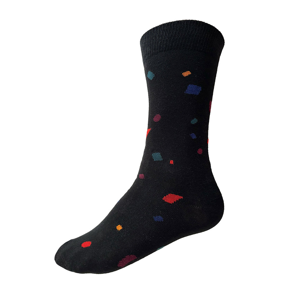 Made in USA men's fun geometric cotton socks with red, blue, burgundy, and yellow confetti pattern by THIS NIGHT