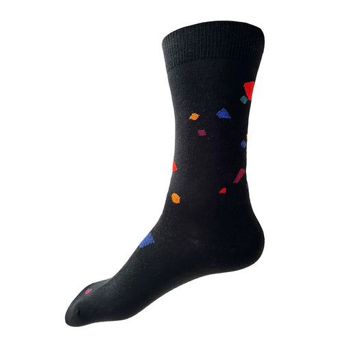 Made in USA men's fun geometric cotton socks with red, blue, burgundy, and yellow confetti pattern by THIS NIGHT