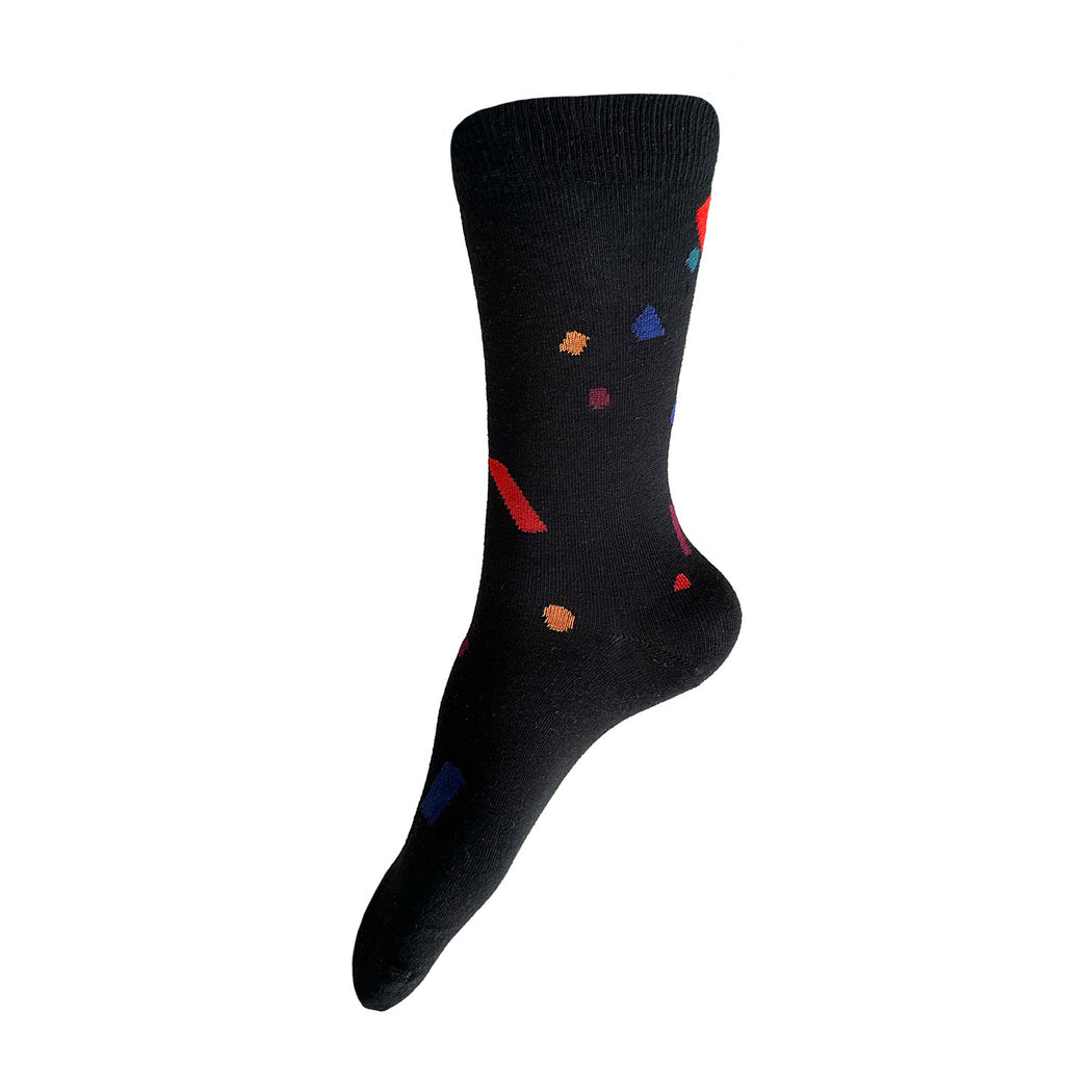 Made in USA fun women's black cotton socks with red, blue, green, and yellow confetti by THIS NIGHT