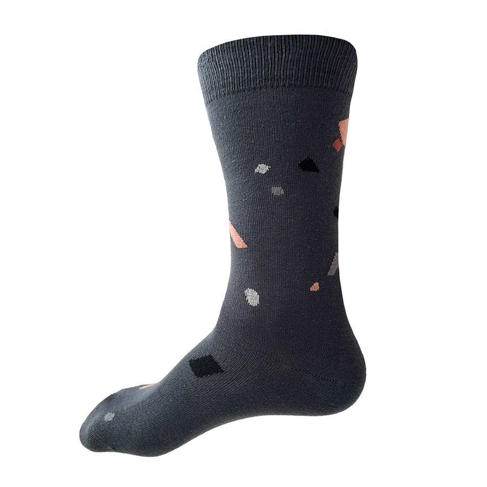 Made in USA fun men's grey cotton socks with salmon, rose, grey, light grey, and black confetti by THIS NIGHT