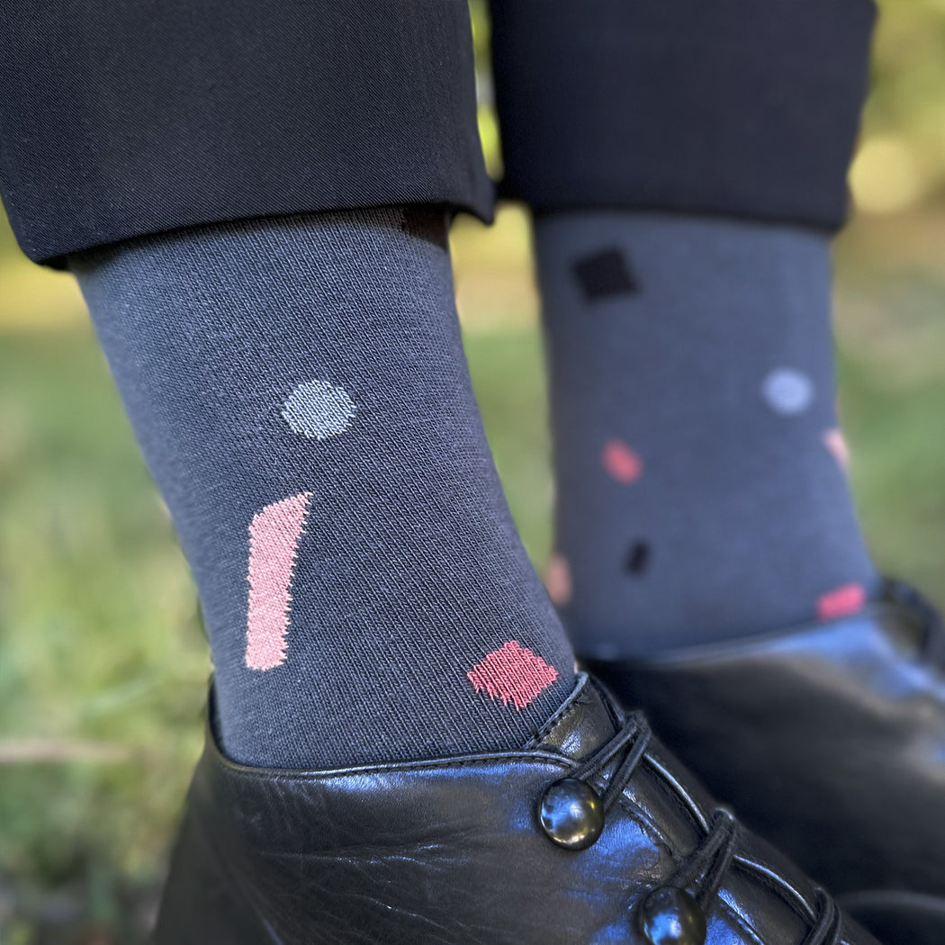 Made in USA dark grey geometric women's cotton socks with confetti in black, grey, light grey, salmon, and rose