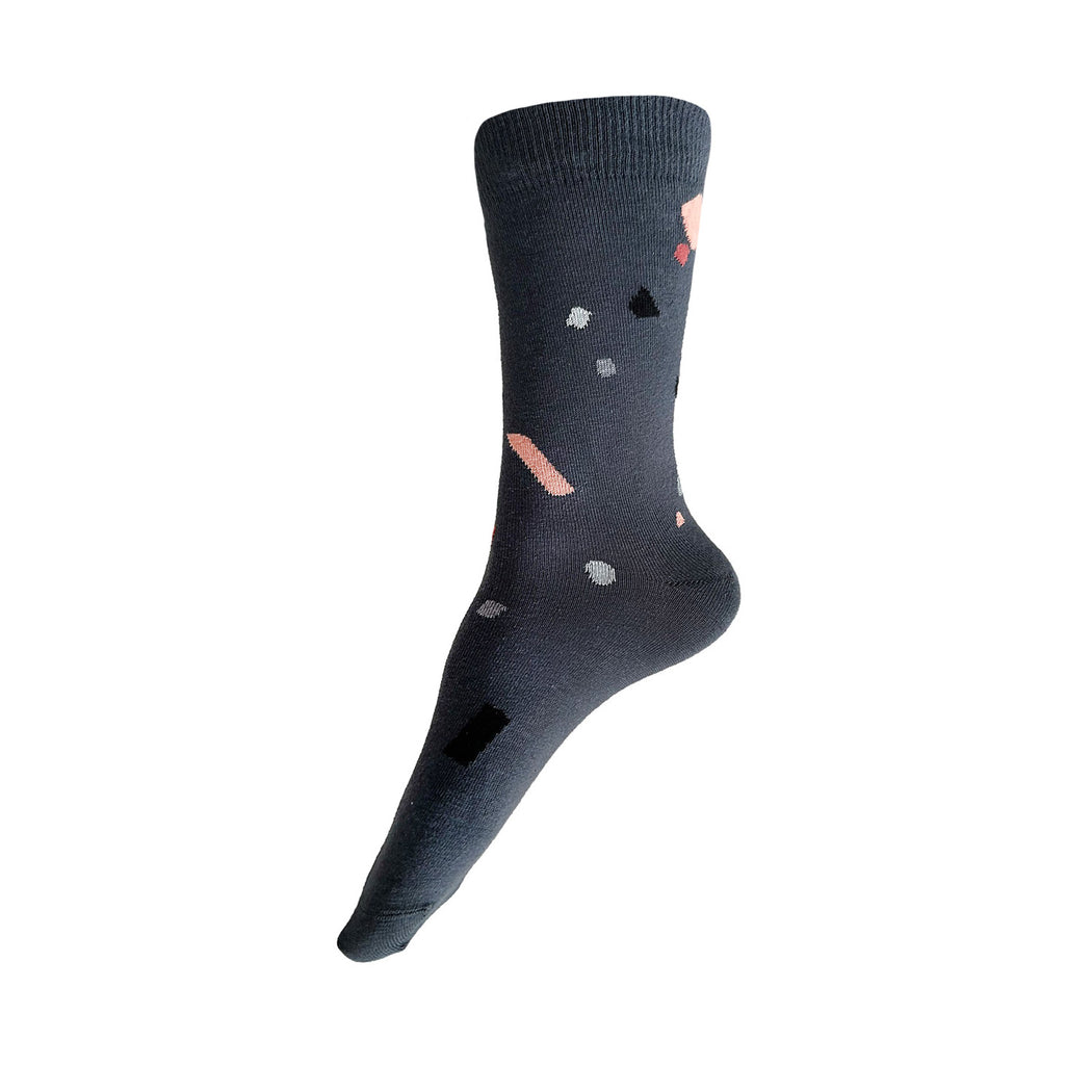 Made in USA dark grey geometric women's cotton socks with confetti in black, grey, light grey, salmon, and rose