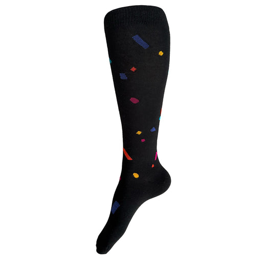 Made in USA women's black cotton fun knee/boot socks with confetti pattern in purple, turquoise, orange, hot pink, and yellow by THIS NIGHT