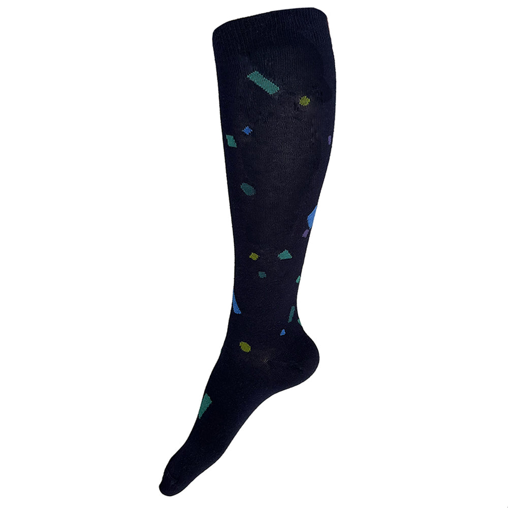 Made in USA women's navy cotton knee/boot socks with confetti in blues, greens, and purple by THIS NIGHT