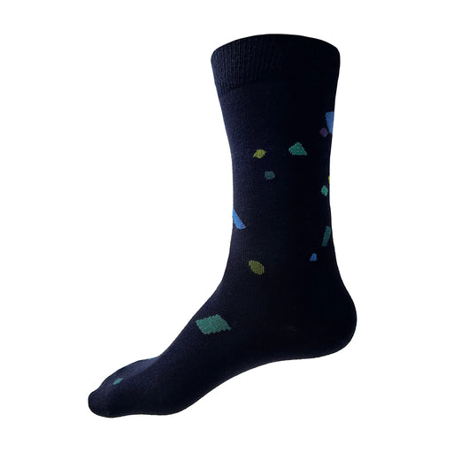 These fun men's navy cotton socks feature confetti in blues and greens and are made in USA by THIS NIGHT