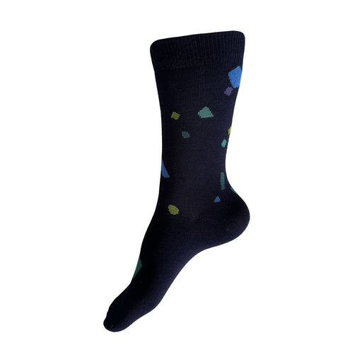 Made in USA women's navy cotton socks with confetti in blues, greens, and purple by THIS NIGHT