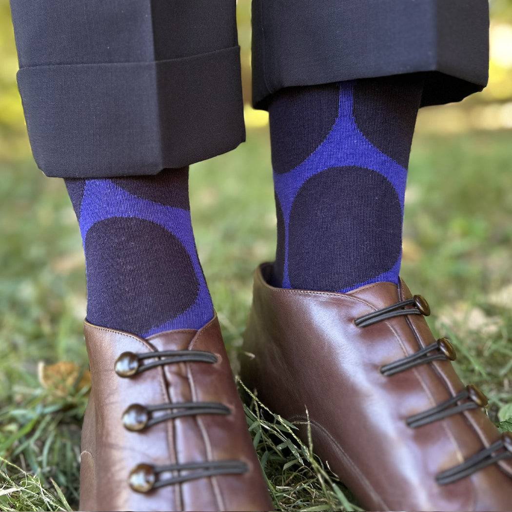 Made in USA women's dark purple blue cotton socks with big navy polka dots by THIS NIGHT