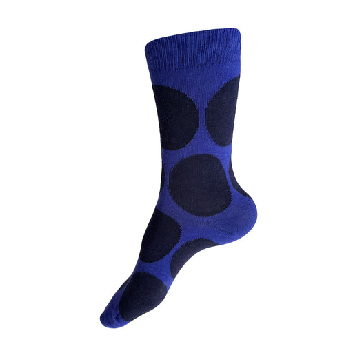 Made in USA women's dark purple blue cotton socks with big navy polka dots by THIS NIGHT