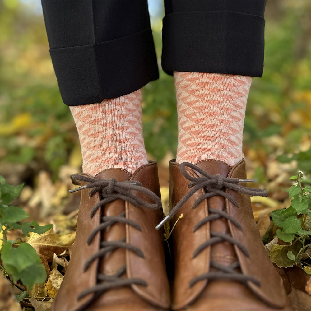 Made in USA women's geometric cotton socks in pastel salmon and peach in a traditional Japanese pattern, uroko