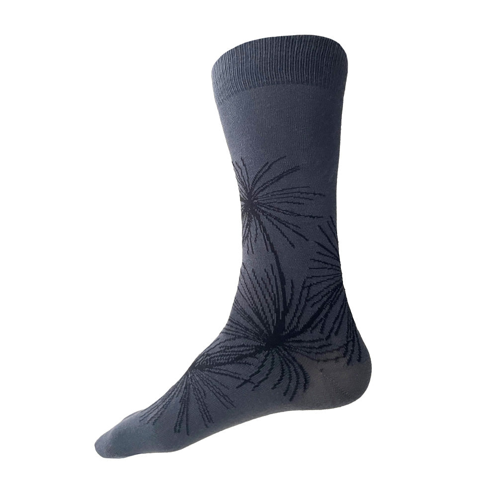 Men's dark grey cotton socks with pine tree branches inspired by Japanese ink paintings and made in USA