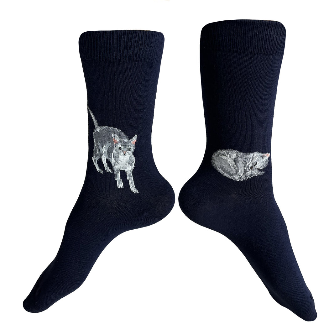 Made in USA women's navy cotton cat socks by THIS NIGHT