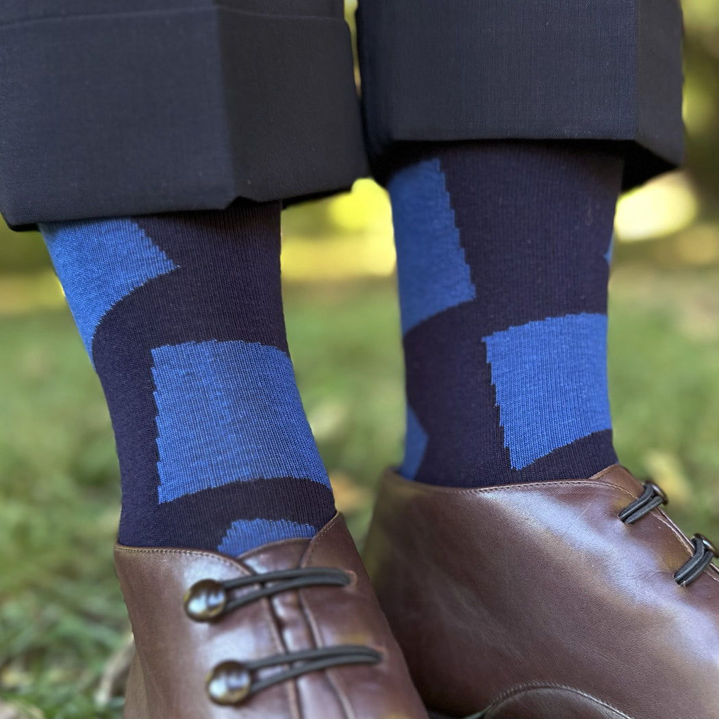 Made in USA women's geometric navy cotton socks with irregularly spaced blue squares (inspired by washi and shiborizome) by THIS NIGHT