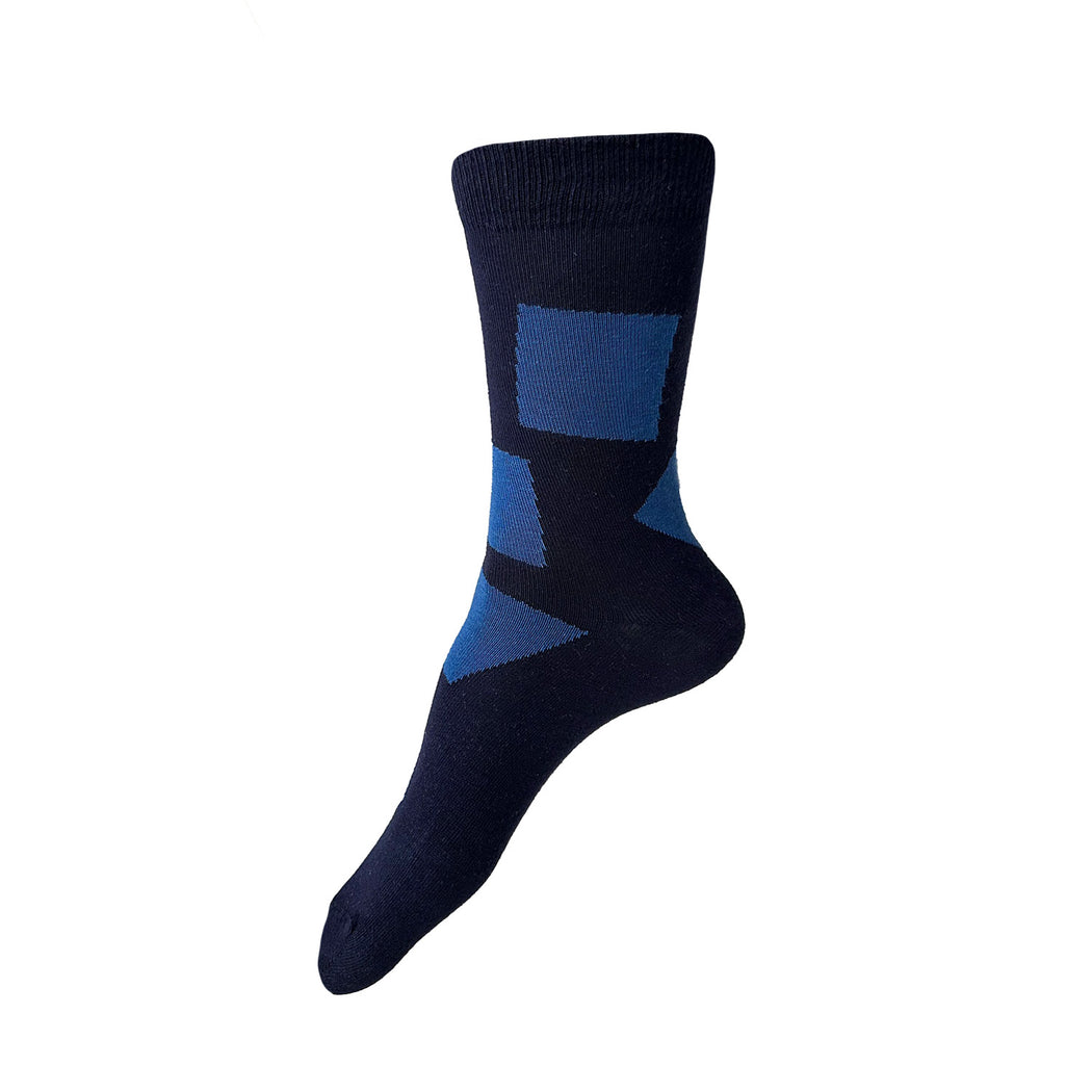 Made in USA women's geometric navy cotton socks with irregularly spaced blue squares (inspired by washi and shiborizome) by THIS NIGHT