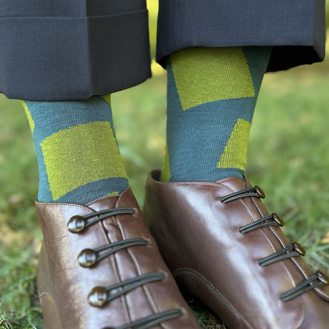 Made in USA women's teal and green geometric socks with Japanese-inspired square pattern by THIS NIGHT