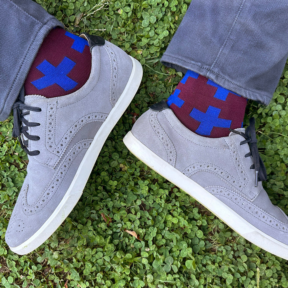 MADE IN USA men's burgundy + blue geometric cotton socks by THIS NIGHT