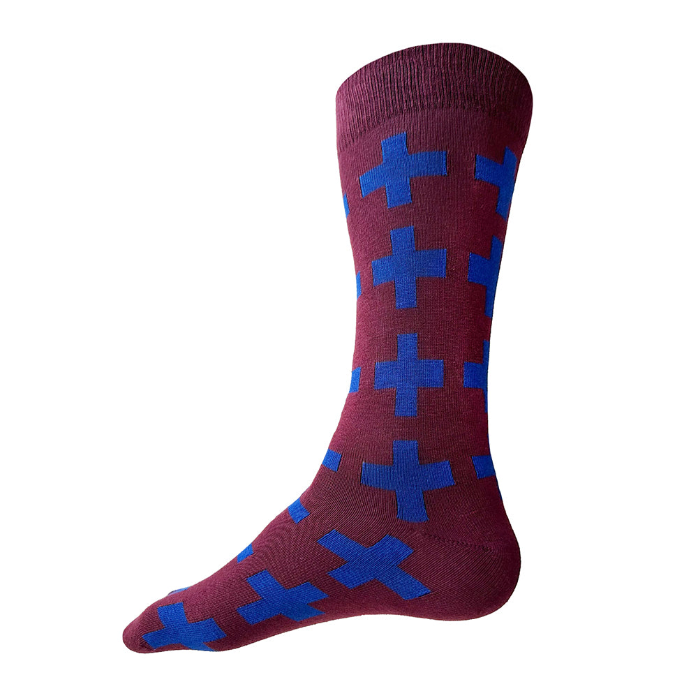 MADE IN USA men's burgundy + blue geometric cotton socks by THIS NIGHT