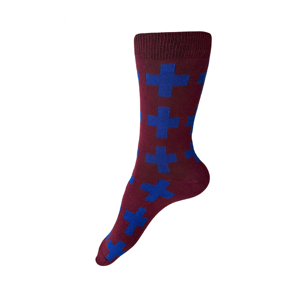 Made in USA women's geometric cotton socks with Swiss (plus sign) pattern in cobalt blue on burgundy