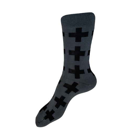 Made in USA women's dark grey cotton socks with geometric Swiss (plus sign) black pattern