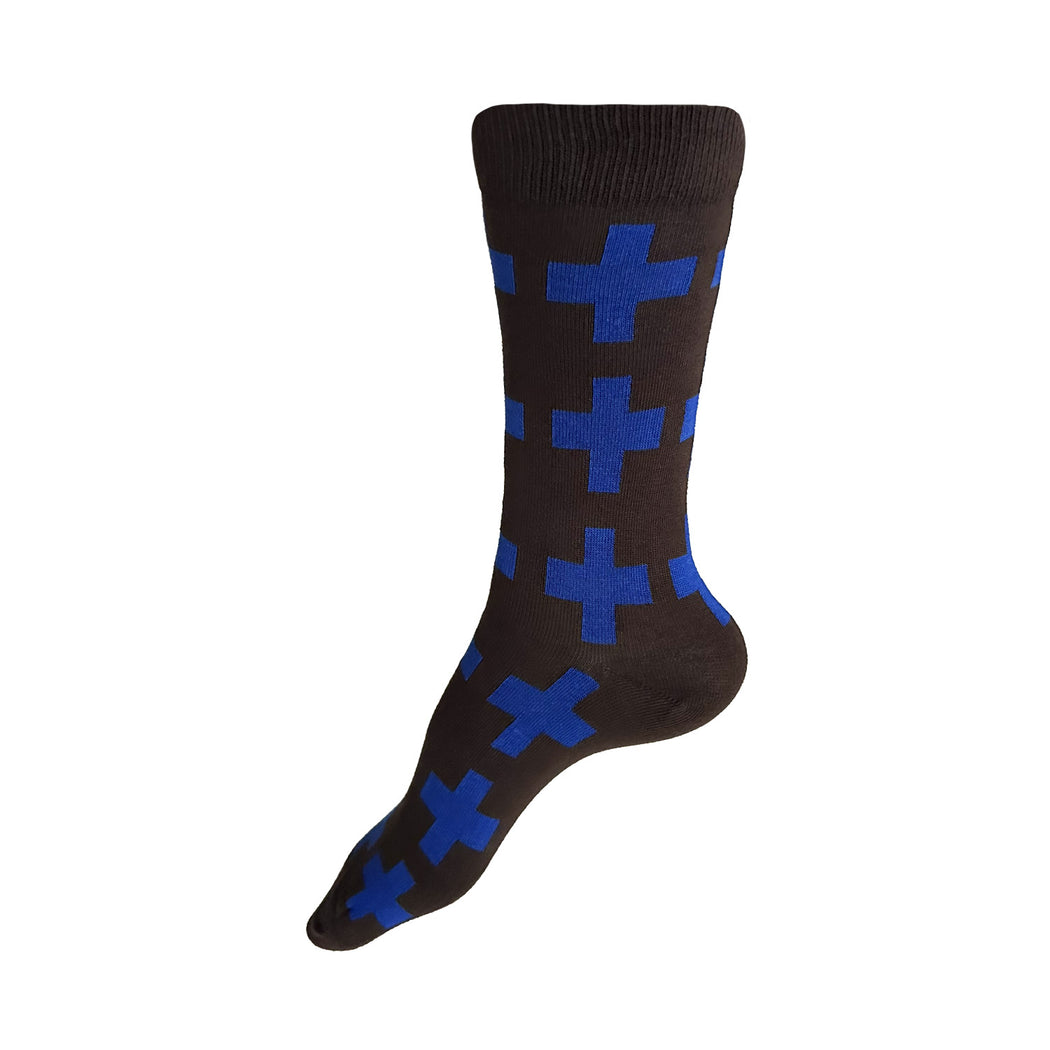 Made in USA women's brown cotton geometric socks with cobalt Swiss (plus-sign) pattern by THIS NIGHT