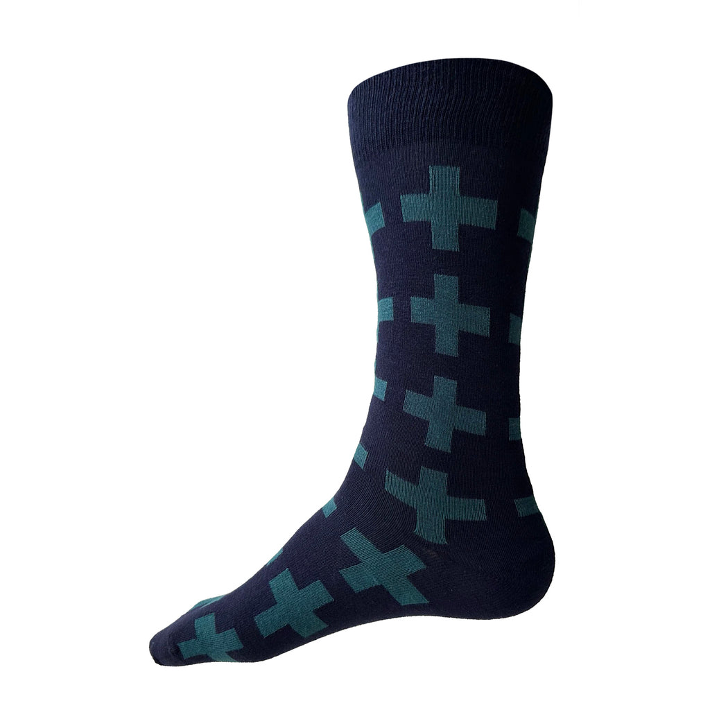 Made in USA men's navy cotton socks with a Swiss (plus sign) pattern in teal by THIS NIGHT