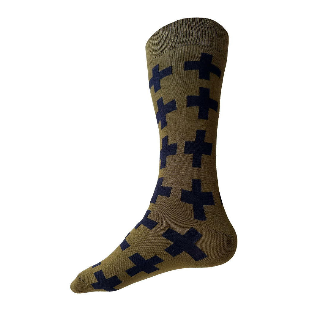 Made in USA men's olive cotton socks with a navy Swiss (plus sign) pattern