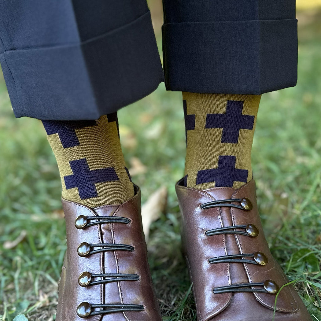 Made in USA women's olive cotton socks with geometric navy swiss (plus sign) symbol by THIS NIGHT