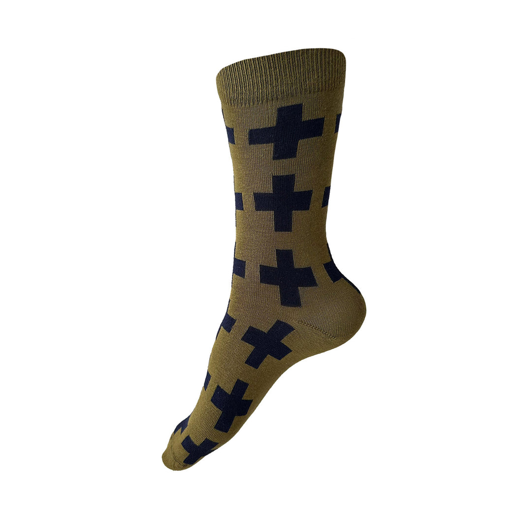 Made in USA women's olive cotton socks with geometric navy swiss (plus sign) symbol by THIS NIGHT