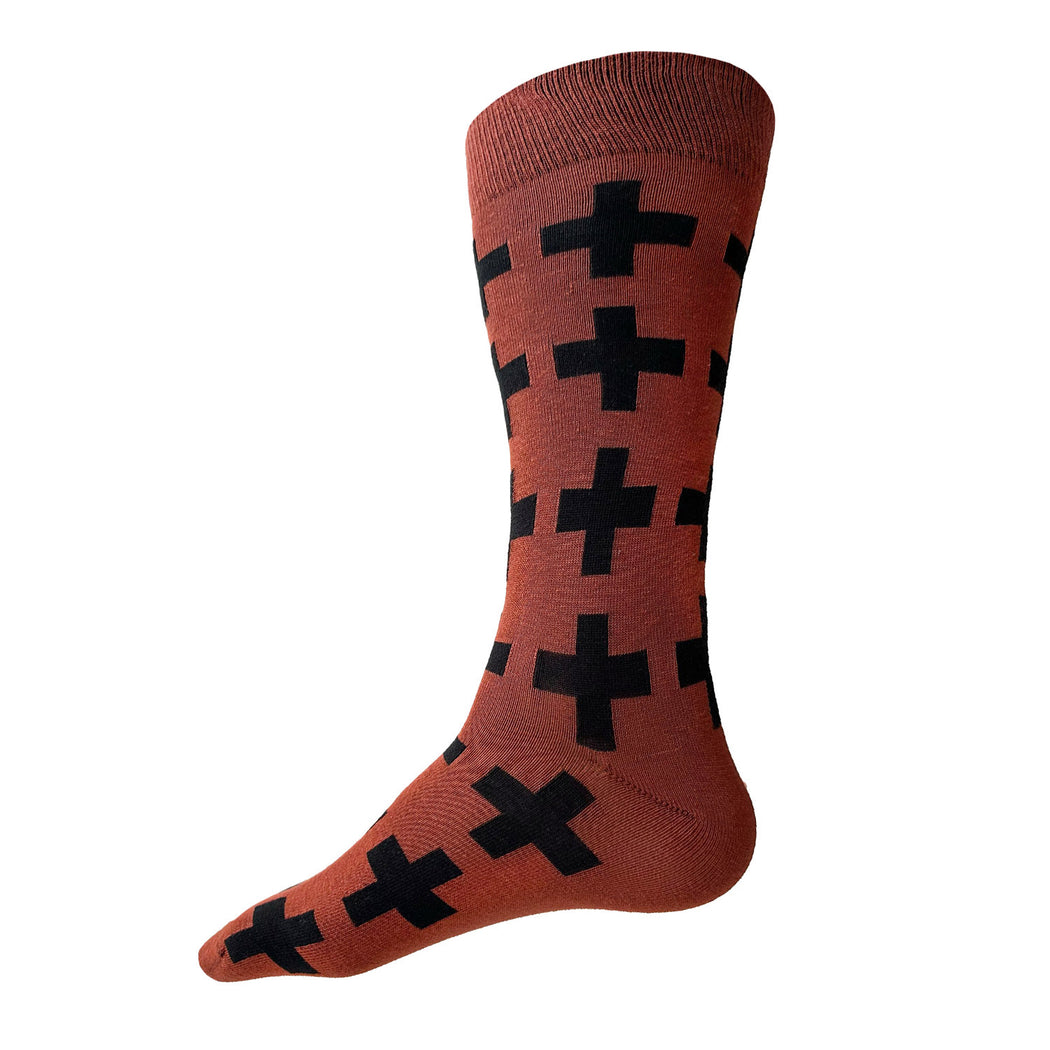 Made in USA men's rust (orange) cotton socks with black Swiss pattern by THIS NIGHT