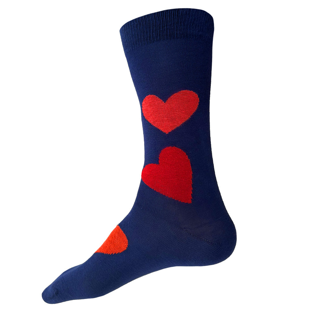 Made in USA men's blue cotton Valentine's socks with bright red and coral hearts by THIS NIGHT