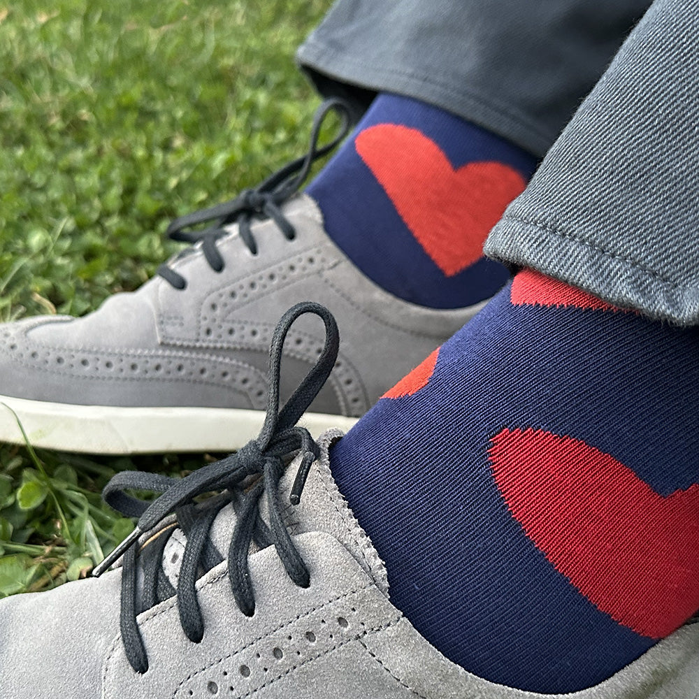 Made in USA men's blue cotton Valentine's socks with bright red and coral hearts by THIS NIGHT