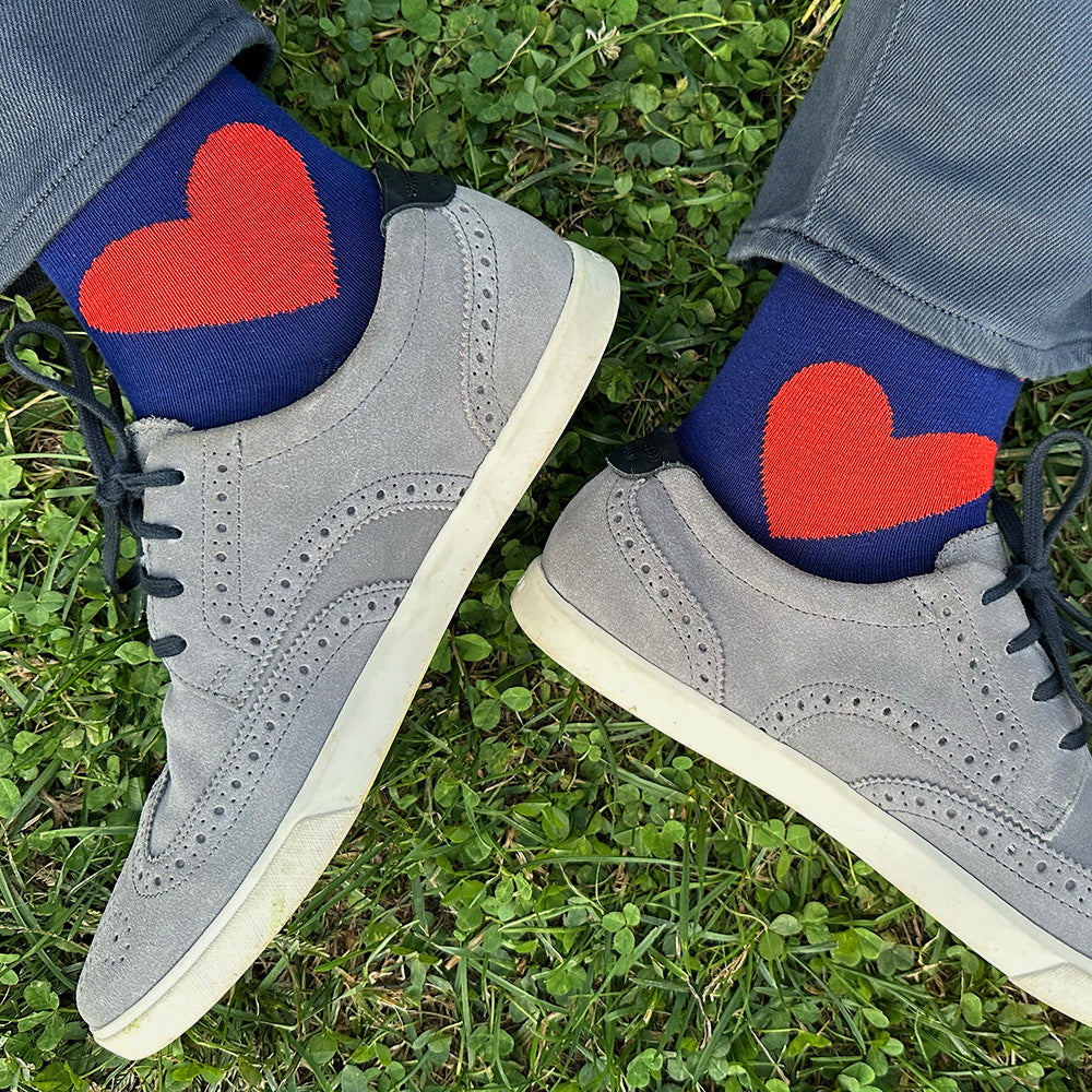 Made in USA men's blue cotton Valentine's socks with bright red and coral hearts by THIS NIGHT