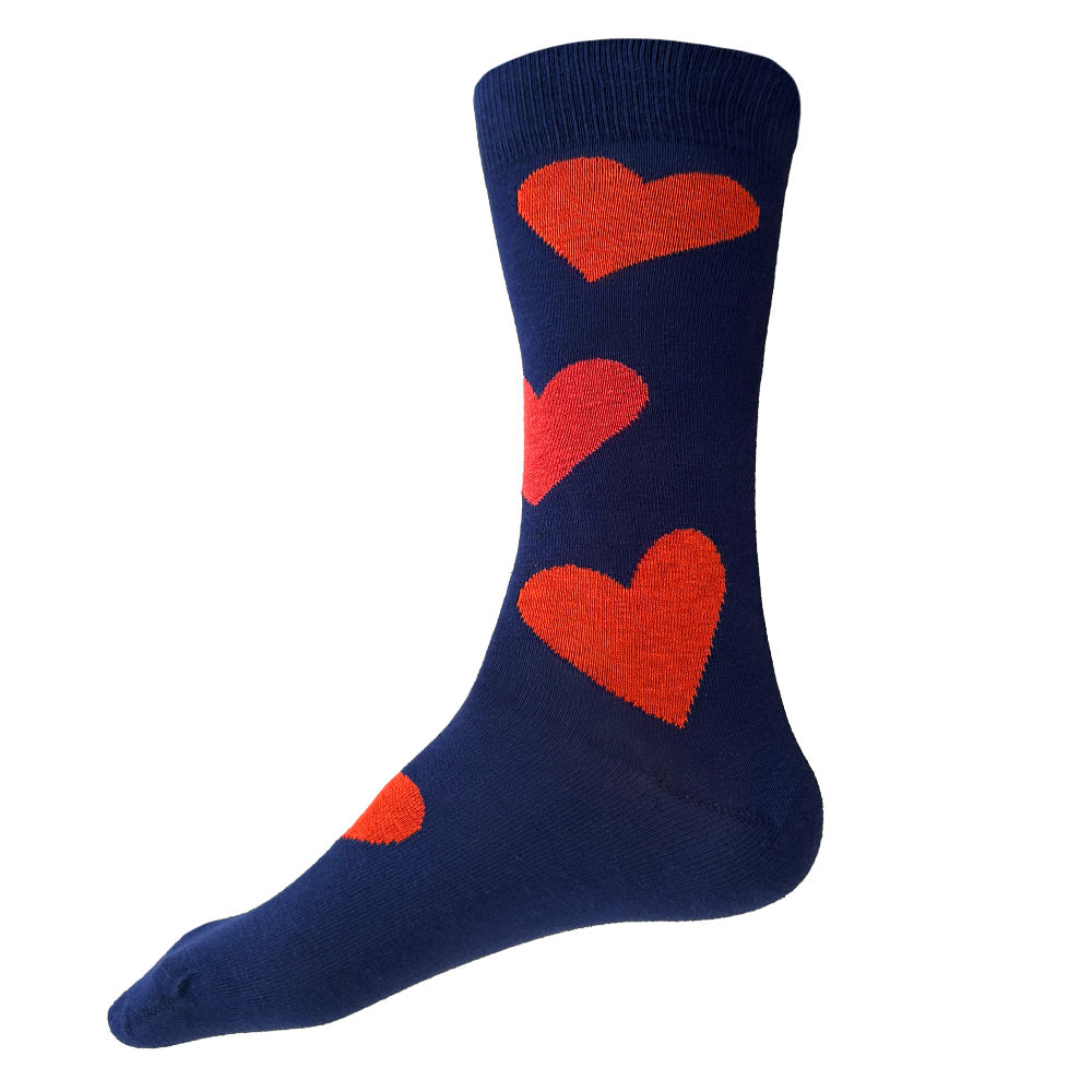 Made in USA men's blue cotton Valentine's socks with bright red and coral hearts by THIS NIGHT