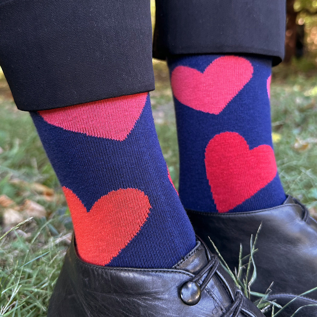 Made in USA women's dark blue cotton socks with big red and coral hearts (a perfect Valentine's gift!) by THIS NIGHT