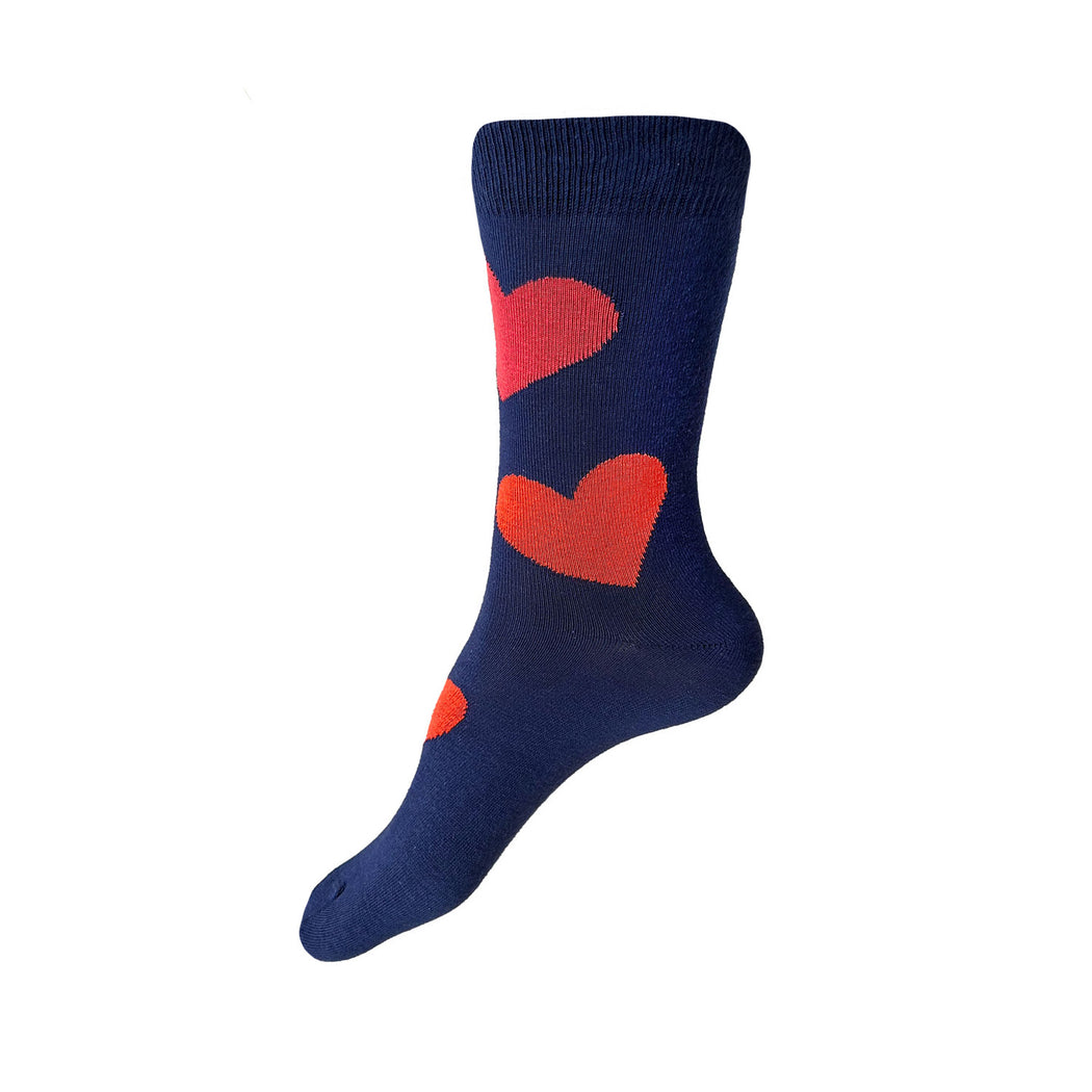 Made in USA women's dark blue cotton socks with big red and coral hearts (a perfect Valentine's gift!) by THIS NIGHT