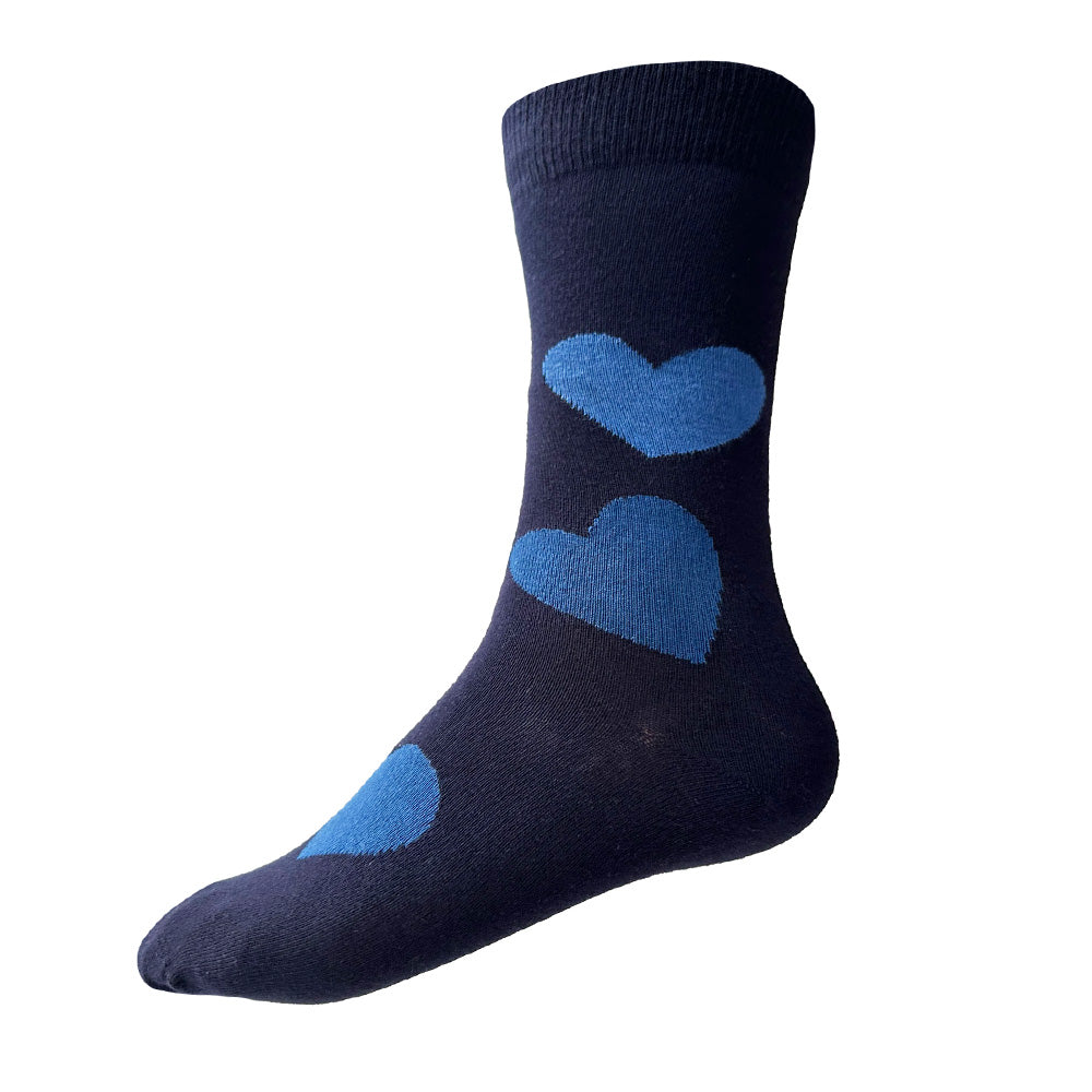 Made in USA men's navy cotton socks with big blue hearts by THIS NIGHT