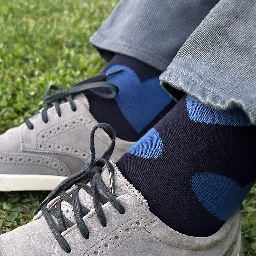 Made in USA men's navy cotton socks with big blue hearts by THIS NIGHT