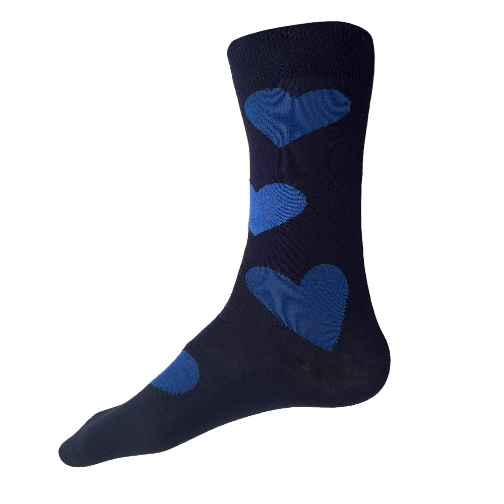 Made in USA men's navy cotton socks with big blue hearts by THIS NIGHT