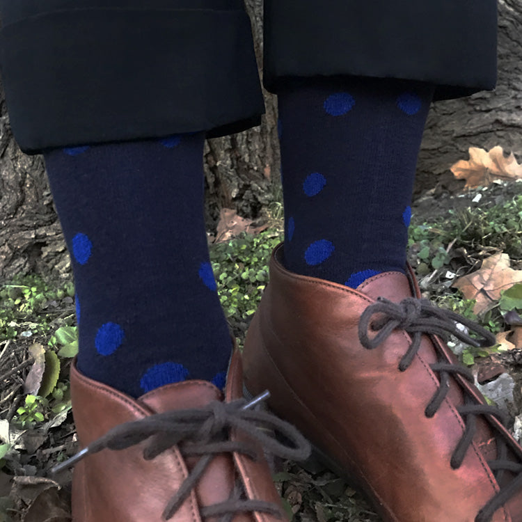 MADE IN USA women's cotton navy socks by THIS NIGHT with blue polka dots