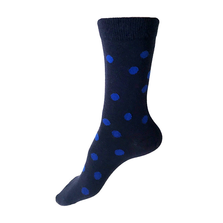 MADE IN USA women's cotton navy socks by THIS NIGHT with blue polka dots