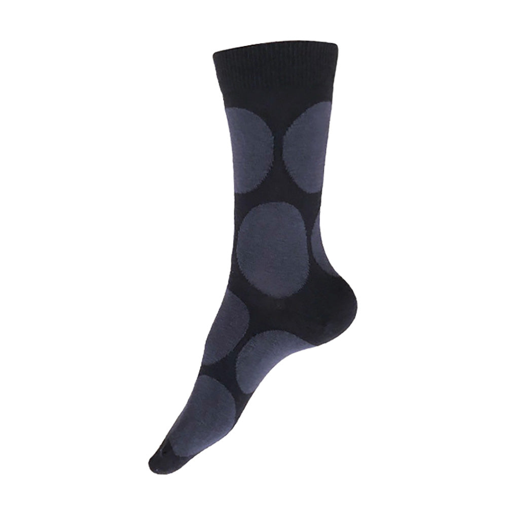 MADE IN USA women's black cotton socks by THIS NIGHT with dark grey polka dots