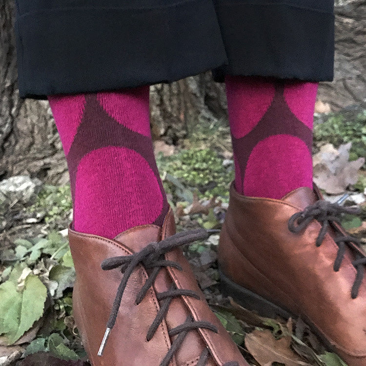 MADE IN USA women's burgundy cotton socks by THIS NIGHT with bright pink polka dots