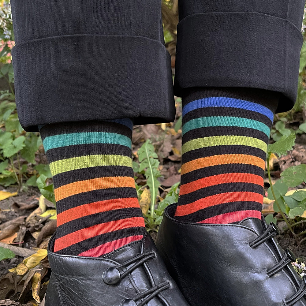 Made in USA black and bright rainbow striped colorful cotton socks for women by THIS NIGHT