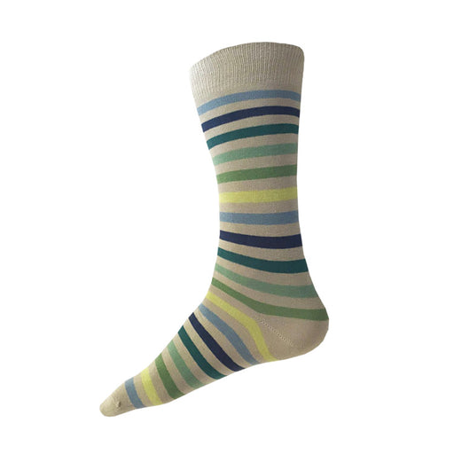 MADE IN USA men's beige/tan striped cotton socks by THIS NIGHT with blues and greens