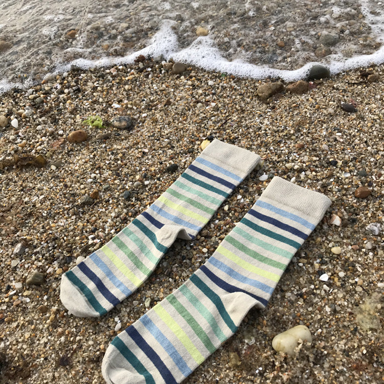 MADE IN USA women's beige/tan cotton socks by THIS NIGHT with blue/green/teal stripes