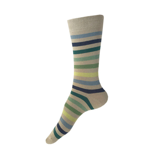 MADE IN USA women's beige/tan cotton socks by THIS NIGHT with blue/green/teal stripes  Edit alt text